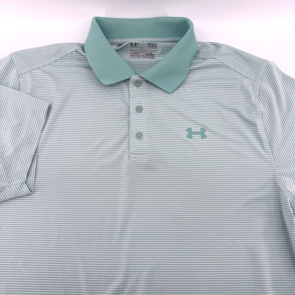 Under Armour Polo‎ Shirt Mens Large HeatGear Loose Fit Striped Green White